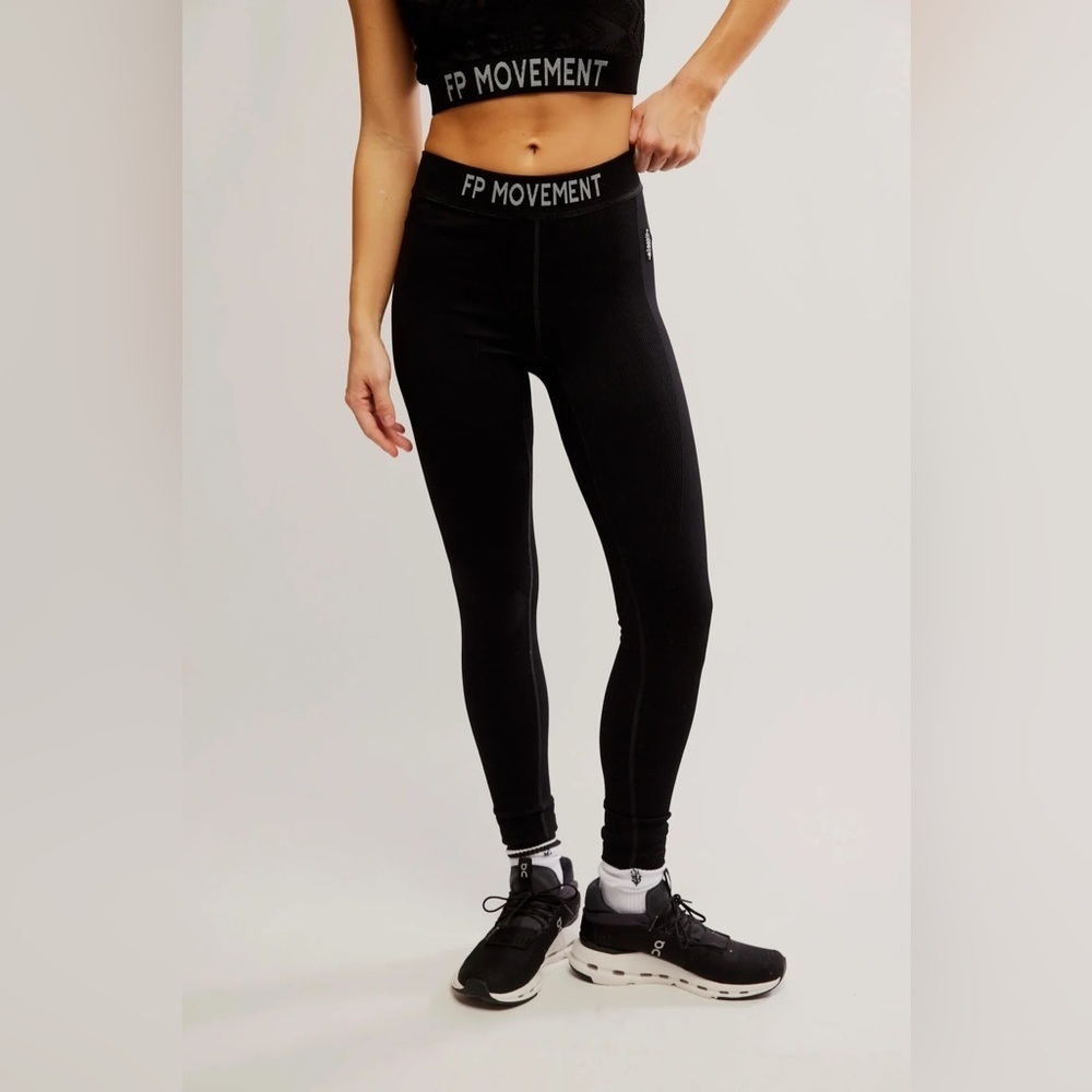 NWOT Free People FP Movement Long Haul Logo Ribbed Leggings Black Athletic Pants - Picture 7 of 11